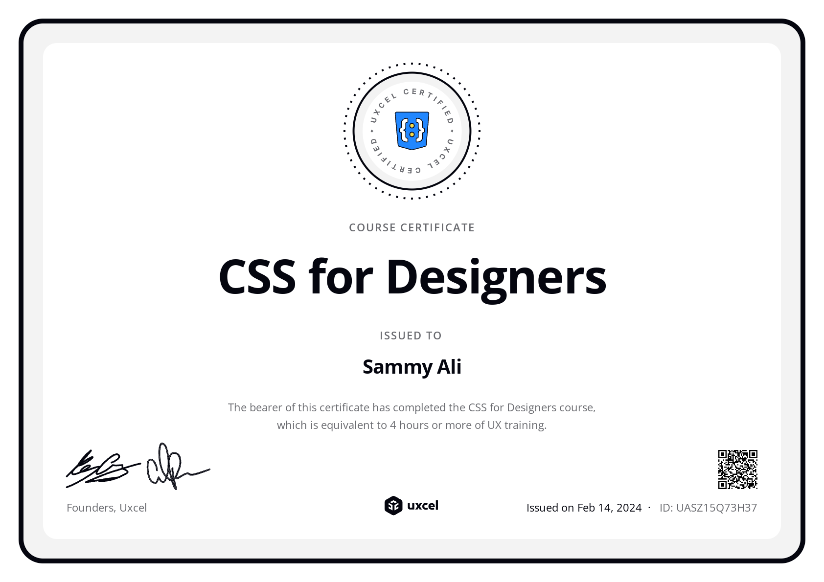 Sammy Ali's certificate